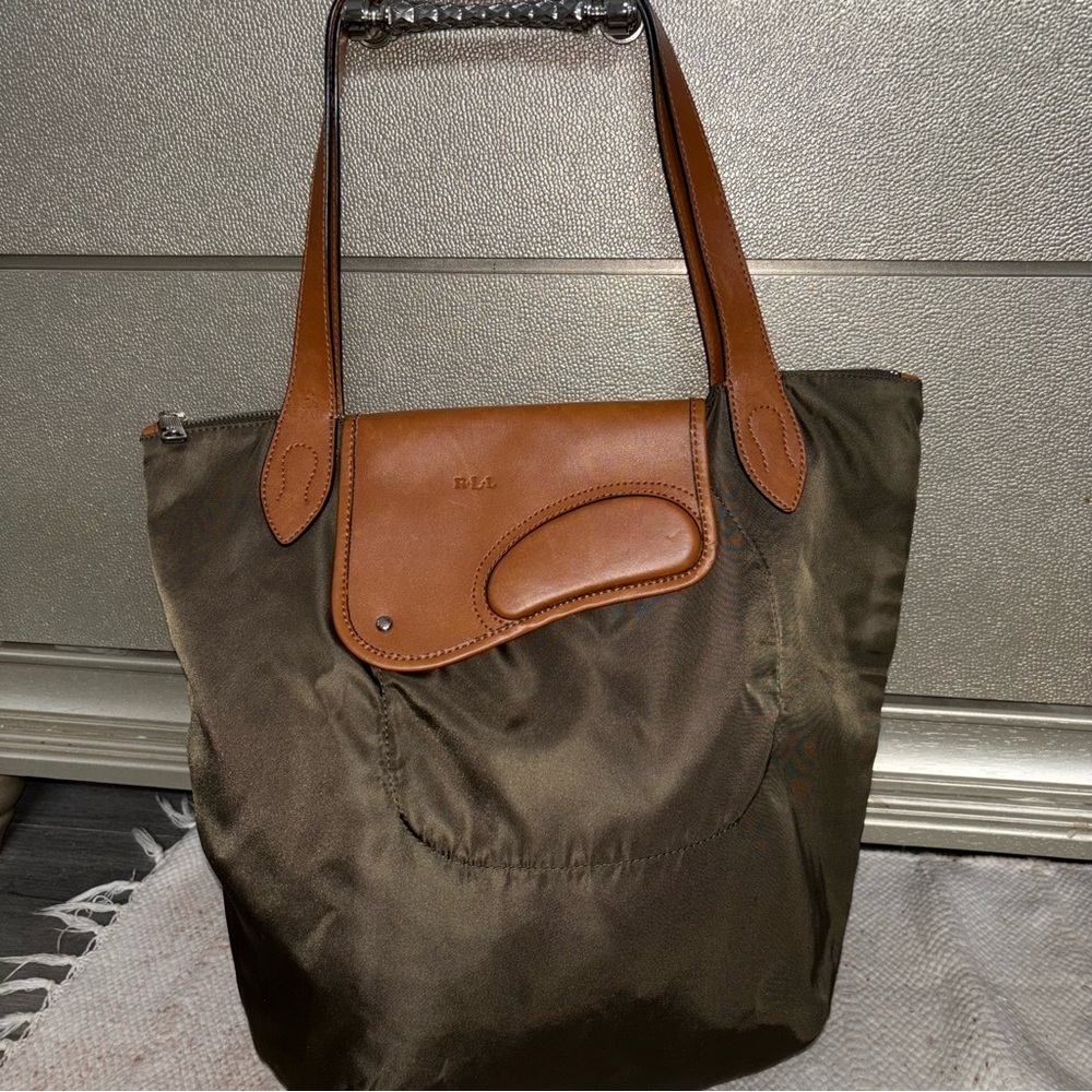 Lauren Ralph Lauren (RLL) Wooten Nylon Leather Double Strap Tote Shoulder Bag